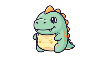 Obraz premium Chubby mint-green cartoon dinosaur with orange triangular spikes, cream belly and gleaming eyes!! )