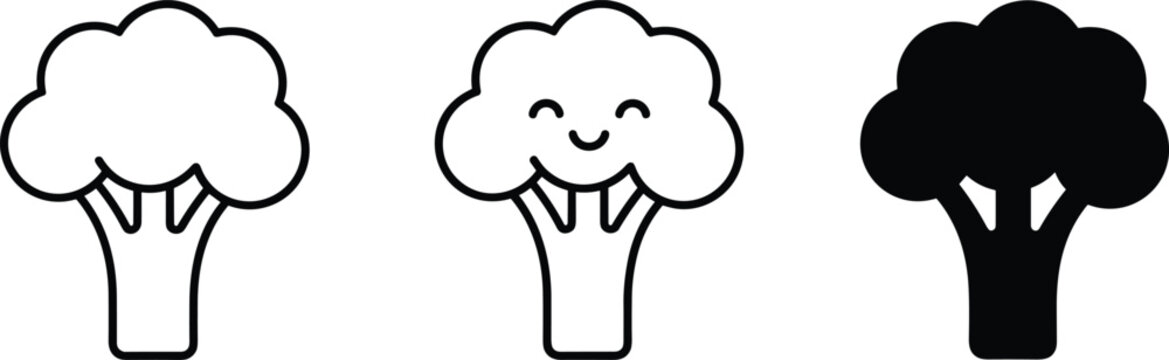 Green broccoli vegetable icon set with simple outline silhouette and cute smiling face character isolated on white background.