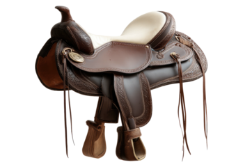 Brown leather western saddle with tooling detail on a black background