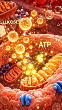 Glucose cell metabolism insulin blood sugar mitochondria atp energy production concept art glowing illustration hormone control sugar glucose blood cell energy metabolism glowing atp production