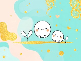 simple whimsical illustration of stylized cute and cozy doodle elements set against a vibrant turquoise and yellow golden glitter abstract pattern background
