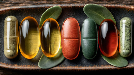 Assortment of colorful vitamin supplements on a wooden surface with leaves.