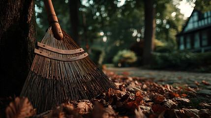 Autumn cleanup Rake leaning against tree amidst fallen leaves.