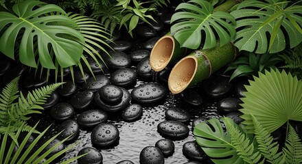 Zen garden featuring bamboo fountain, black stones and lush green tropical foliage serene scene