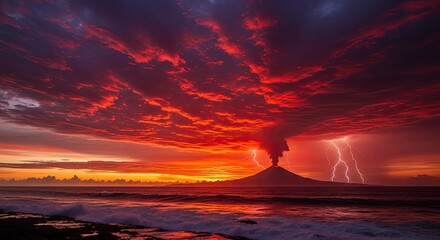 Volcanic eruption at sunset with vivid red clouds and intense lightning strikes over the ocean