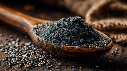 Black sesame powder in wooden spoon with sesame seeds.