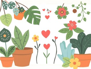 simple illustration of cute cozy Composition of cute, cartoon plants in flat style on white background
