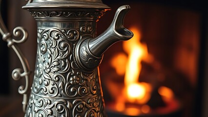 flagon. An intricately engraved silver flagon reflecting flickering firelight. product launch decks, UI/UX mockups, designed for product launches and innovation pitches, used by product marketers.