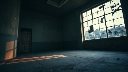 oligarchy. Urban ruin at dusk with soft light through a broken window onto a dusty floor. real-estate listings.