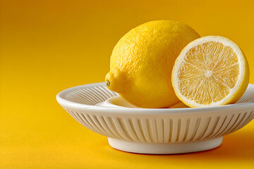 Bright Yellow Lemons in a White Bowl on Yellow Background.