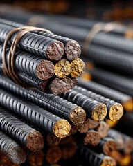 Bundle of Rebar Steel Rods for Construction Reinforcement.