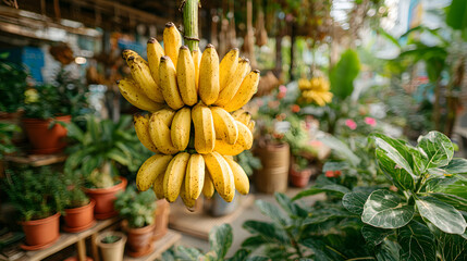 Bunch of ripe bananas hanging in a lush garden setting.