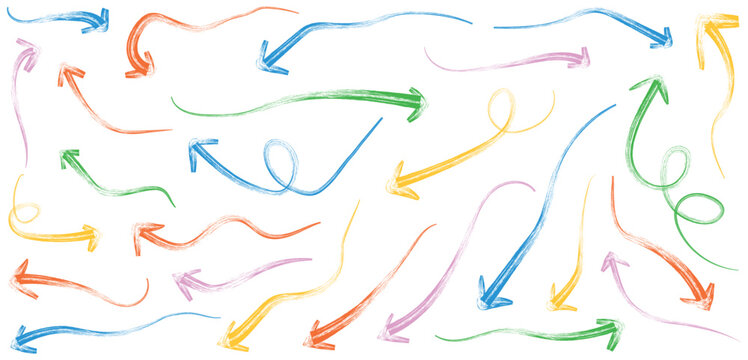 Arrow crayon pastel pencil chalk color line stroke. Collection of colorful hand-drawn arrows and scribbles. Sketch chalk pastel color pencil texture line kid fun arrow icon. Curved vector arrows icons