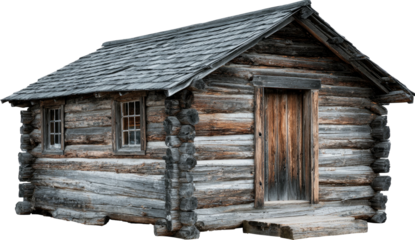 Rustic log cabin with aged wooden walls and shingle roof