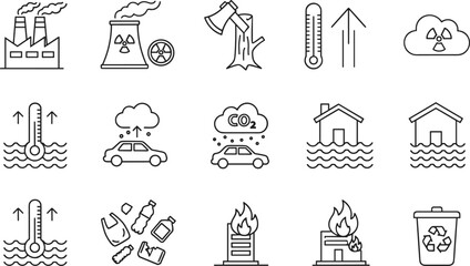 Obraz premium Comprehensive climate change icon set with deforestation global warming pollution flooding wildfire and environmental recycling line art vectors