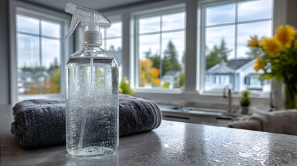 Clean Kitchen Countertop with Spray Bottle and Towels.