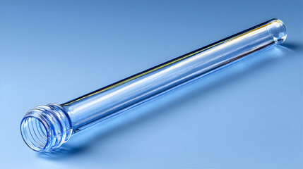 Clear PET Preform on Blue Background for Bottle Manufacturing.