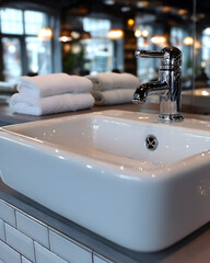 Clean Bathroom Sink with Towels and Modern Faucet.