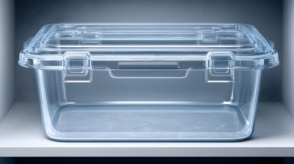 Clear Plastic Storage Container with Lid on Shelf.