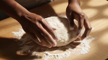 Hands kneading dough on wooden surface, baking process, homemade