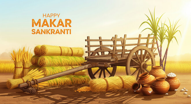 Rustic bullock cart and harvest elements with traditional Happy Makar Sankranti text banner for harvest celebration, Pongal and lohri 