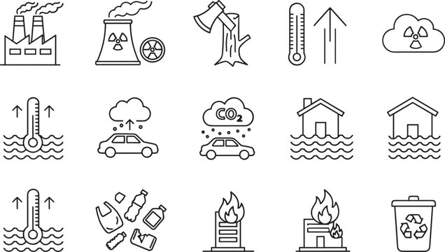 Comprehensive climate change icon set with deforestation global warming pollution flooding wildfire and environmental recycling line art vectors