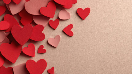 Colorful hearts create romantic atmosphere, perfect for Valentine Day celebrations. arrangement features various shades of red and pink, adding warmth and love to any setting