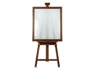 Front view of an empty easel with blank white canvas, on black background