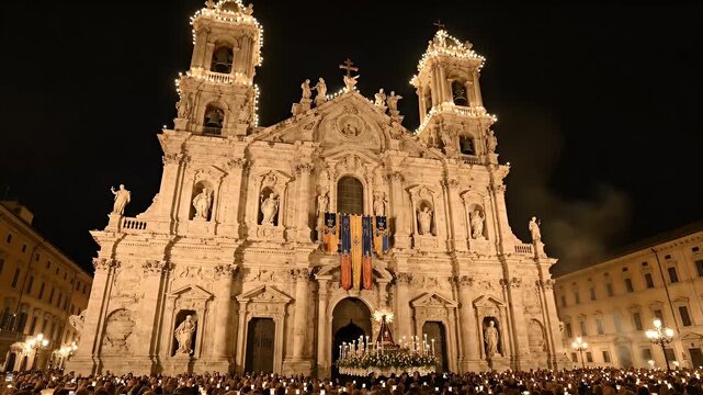 Feast of St. Agatha Historic Church Facade Illuminated Night