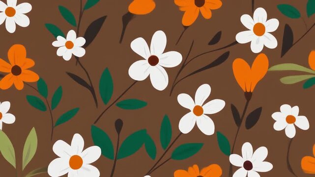 Abstract floral pattern with white and orange flowers and green leaves on a brown background