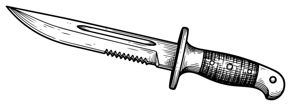 Sharp tactical combat knife with serrated blade sketch
