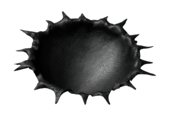 Dark textured hole, burst open with jagged edges, centered on black background