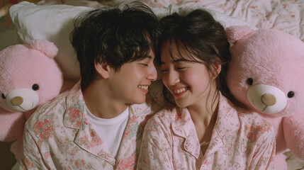 婚活の成功やマッチングアプリ、おうちデートや同棲、結婚生活のイメージ　冬のキッチンでコーヒーを飲みながら見つめ合う若い日本人カップル