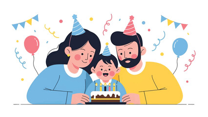 Parents and child in party hats smile over birthday cake with candles, balloons, streamers. and fun