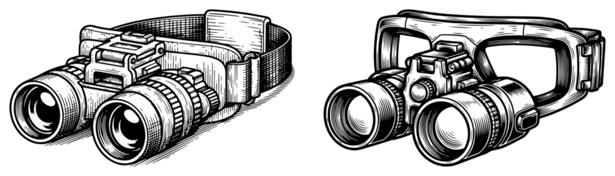 Military night vision goggles and tactical optical equipment in engraving style