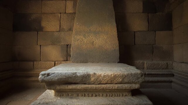 Ancient stone pedestal in a dimly lit historical chamber.
