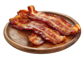 Crispy bacon strips stacked on a small wooden plate