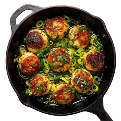 Seared scallops with green vegetables in a cast iron pan, overhead view