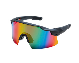 Sporty sunglasses with iridescent lens and dark gray frame on black background