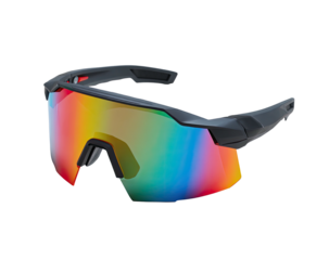 Sporty sunglasses with iridescent lens and dark gray frame on black background