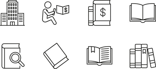 Minimalist business education line art icon set with books banking office building and financial reading vectors for professional branding