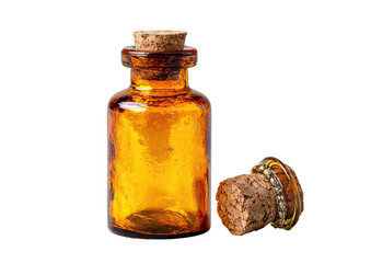 Small, amber bottle with a cork stopper beside another stoppered bottle
