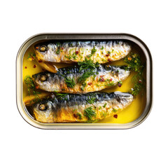 Open can of sardines, topped with dill and seasonings, soaked in oil