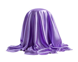 Draped object, a purple silk cloth covers a rounded unknown shape
