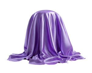 Draped object, a purple silk cloth covers a rounded unknown shape