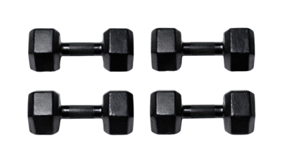 Four pairs of black, hexagonal dumbbell weights isolated on a black background