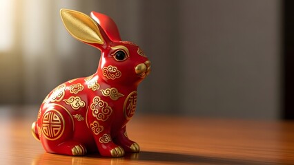 Chinese New Year Luxury Red Gold Rabbit Zodiac Figurine Prosperity Festive Background