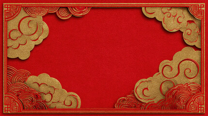 Vibrant red background features intricate golden cloud decorations, creating auspicious and festive atmosphere. This design is perfect for celebrations and special occasions