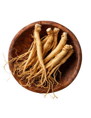 Ginseng roots clustered in a wooden bowl, against a dark backdrop