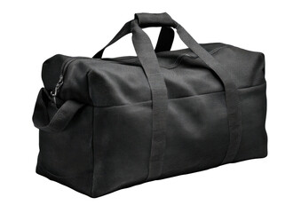 Black duffel bag; fabric material, dark color, handle on top
